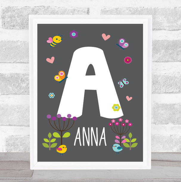 Grey Floral Butterfly Bird Initial A Personalised Children's Wall Art Print