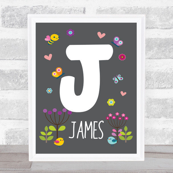 Grey Floral Butterfly Bird Initial J Personalised Children's Wall Art Print