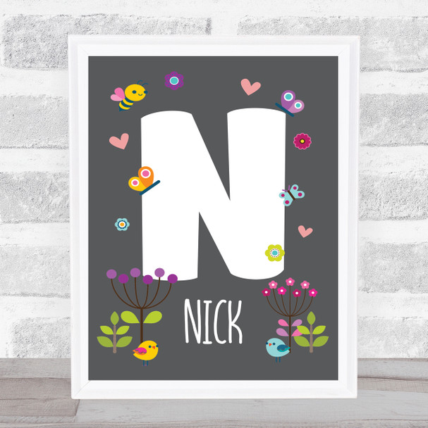 Grey Floral Butterfly Bird Initial N Personalised Children's Wall Art Print
