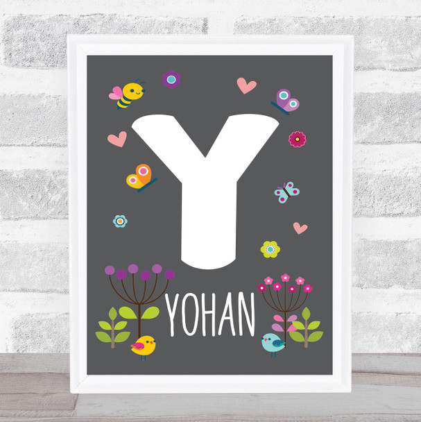 Grey Floral Butterfly Bird Initial Y Personalised Children's Wall Art Print