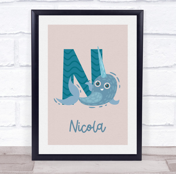 Initial Funky Letter N With Narwhal Personalised Children's Wall Art Print