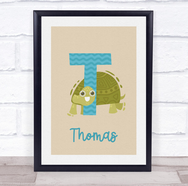 Initial Funky Letter T With Turtle Personalised Children's Wall Art Print