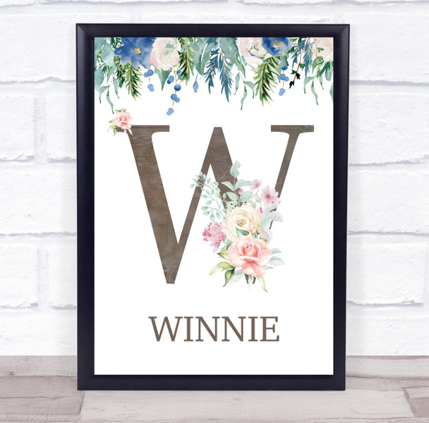 Floral Any Name Initial W Personalised Children's Wall Art Print
