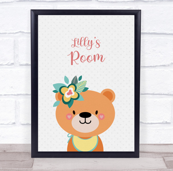 Bear Flower Hair Name Room Personalised Children's Wall Art Print