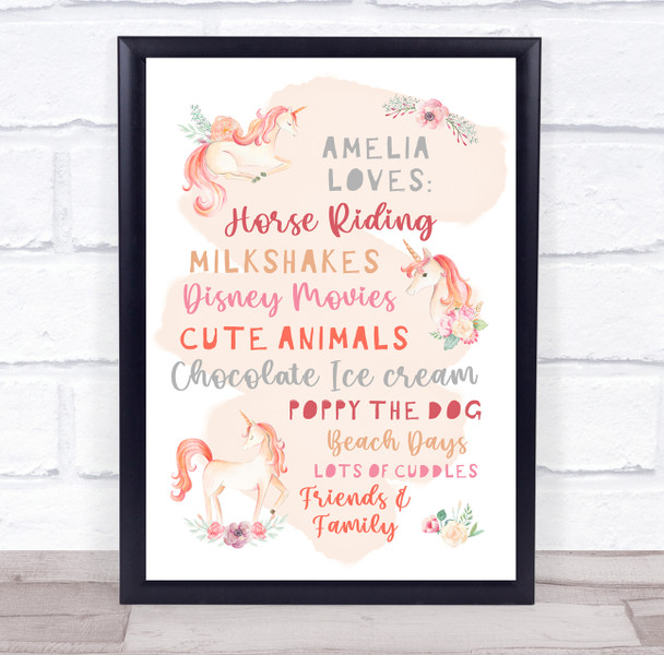 Unicorn Favourite Things Pink Peach Personalised Children's Wall Art Print