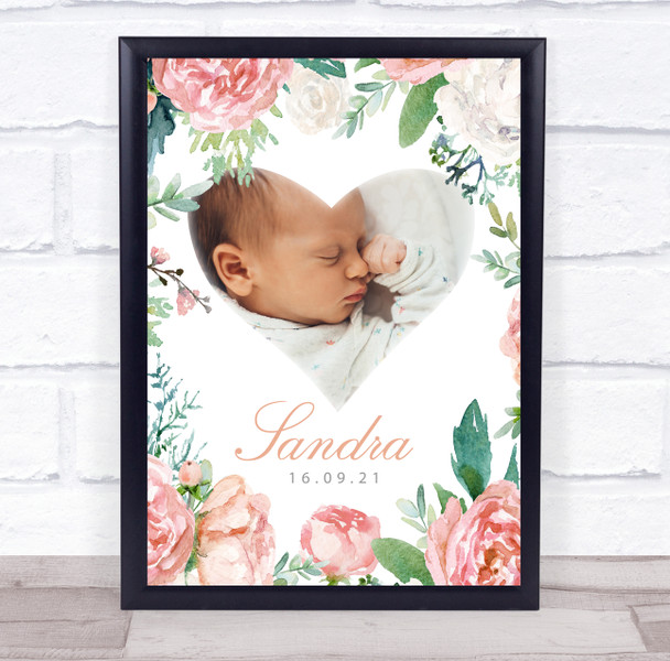 Birth Details Nursery Christening New Baby Floral Pink Rose Photo Gift Print