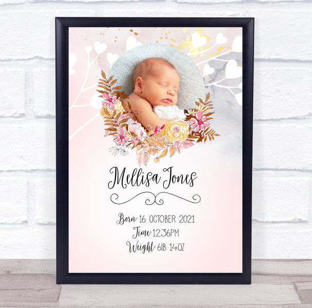 New Baby Birth Details Christening Nursery Floral Hearts Photo Gift Print
