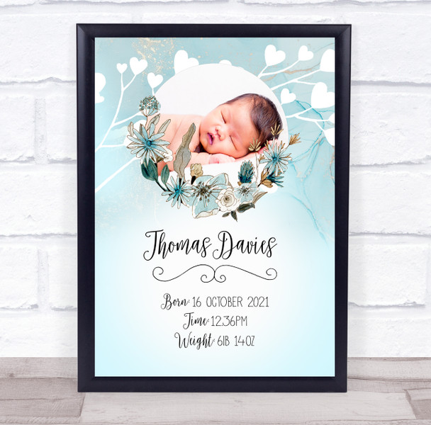 New Baby Birth Details Christening Nursery Green Floral Photo Gift Print