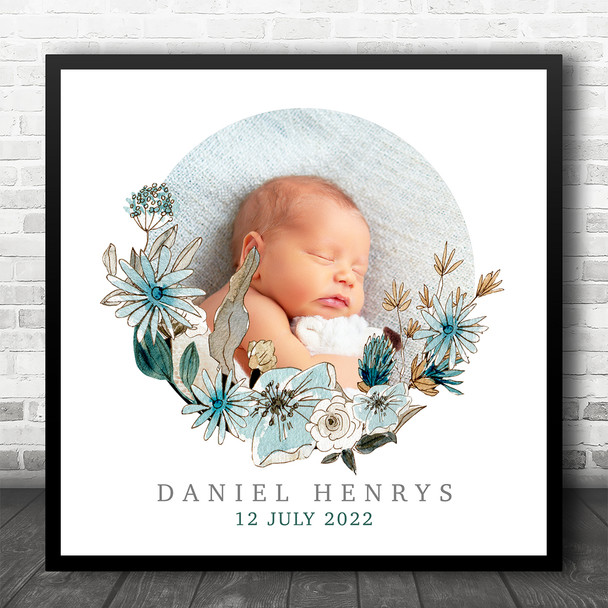 New Baby Birth Details Christening Nursery Square Floral Photo Blue Gift Print