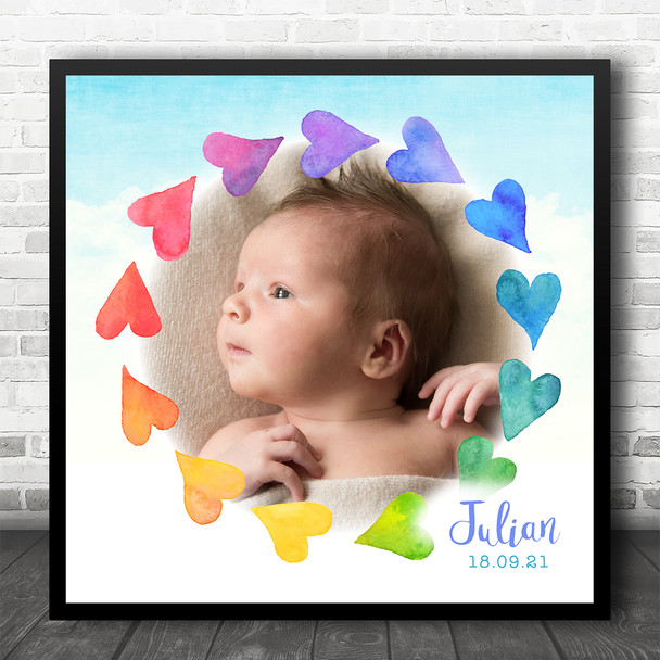 Birth Details Nursery Christening New Baby Rainbow Hearts Square Photo Print