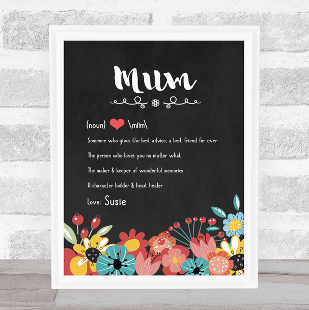Mum Dictionary Definition Floral Black Personalised Gift Art Print