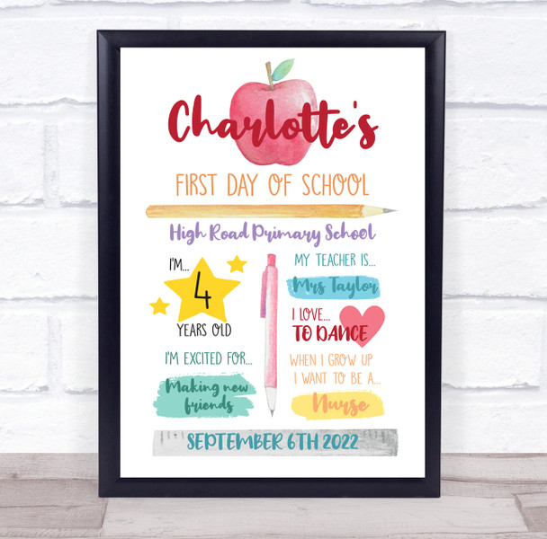 First Day Of Primary School Details Personalised Gift Art Print