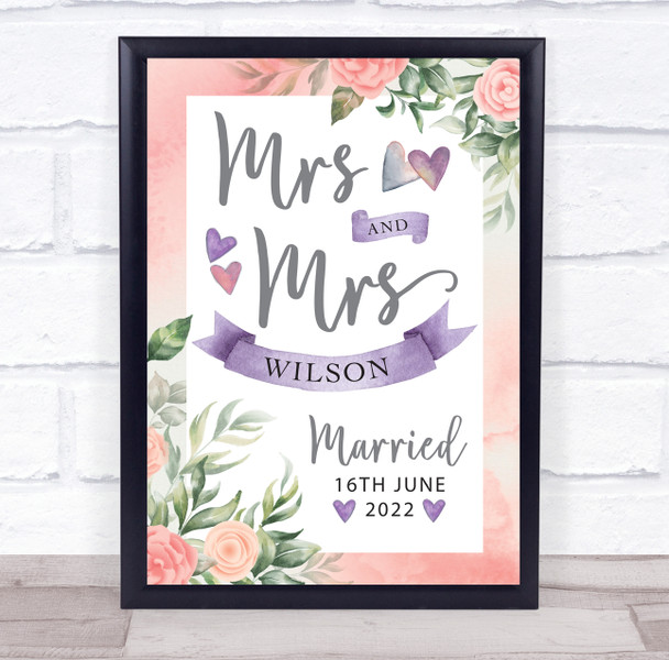 Mrs & Mrs Married Flower Banner Details Peach Personalised Gift Art Print