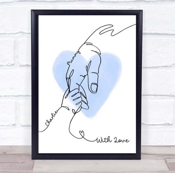 Mummy Hand Holding Line Art Blue Personalised Gift Art Print