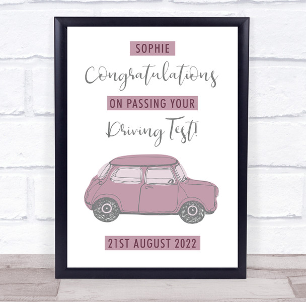 Passing Driving Test Congratulations Pink Car Personalised Gift Art Print