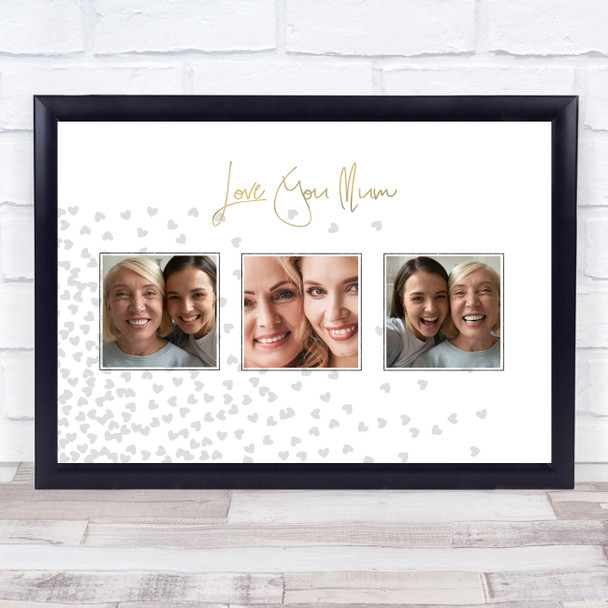 Mother's Day 3 Photos Scattered Grey Hearts Personalised Gift Art Print
