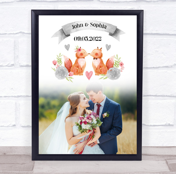 Wedding Day Fox Cute Couple Photo Personalised Gift Art Print