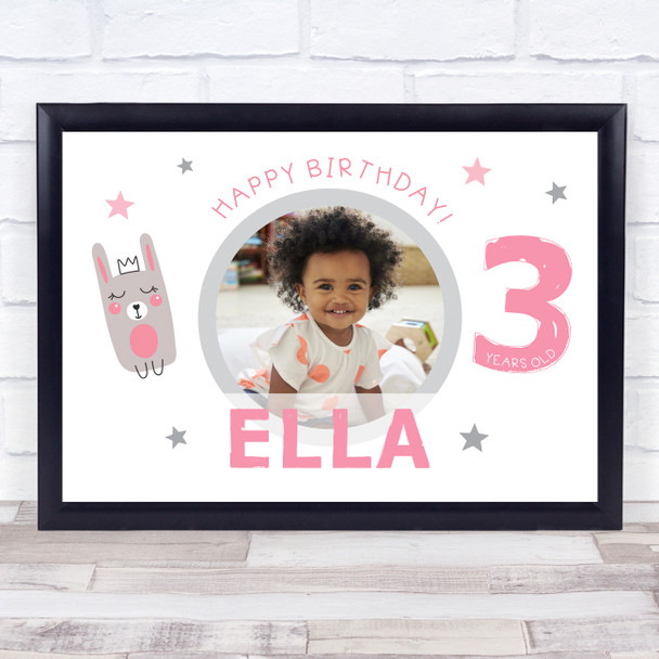 3rd Birthday Girl Pink Cute Bunny Photo Personalised Gift Art Print