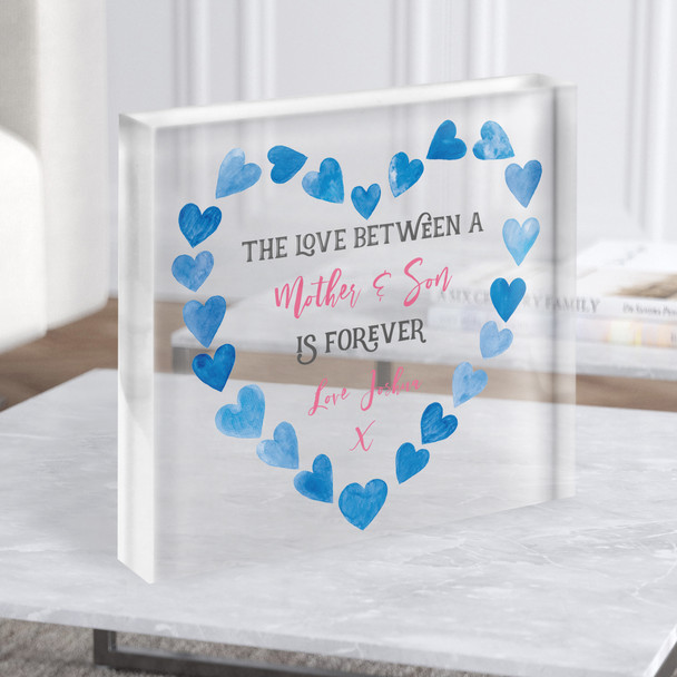 Love Between A Mother And Son Blue Hearts Square Personalised Acrylic Block
