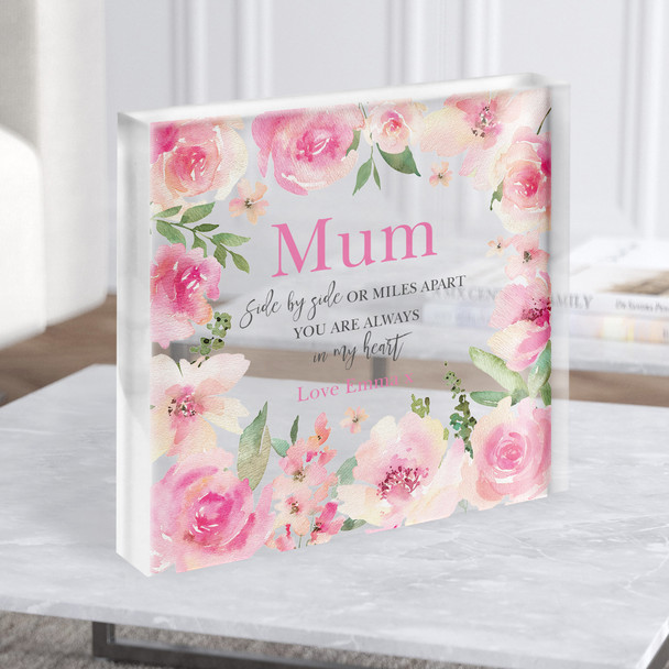 Mum Always In My Heart Pink Flowers Square Personalised Acrylic Block