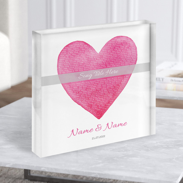 Square Pink Watercolour Heart Any Song Lyric Acrylic Block