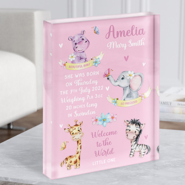 New Baby Birth Details Nursery Christening Pink Jungle Animals Acrylic Block