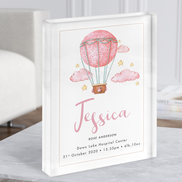 New Baby Birth Details Christening Nursery Pink Air Balloon Acrylic Block