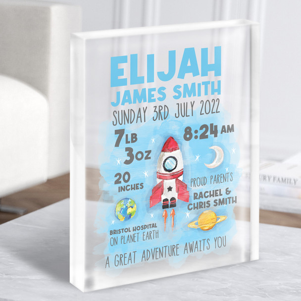 New Baby Birth Details Nursery Christening Space Rockets Acrylic Block