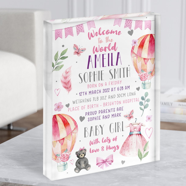 New Baby Birth Nursery Christening Girl Hot Air Balloon Acrylic Block