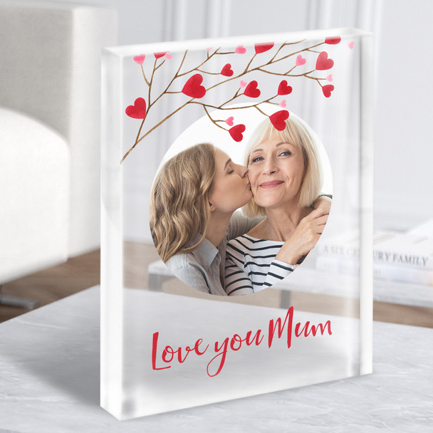 Love You Mum Photo Sentiment Heart Branch Personalised Acrylic Block