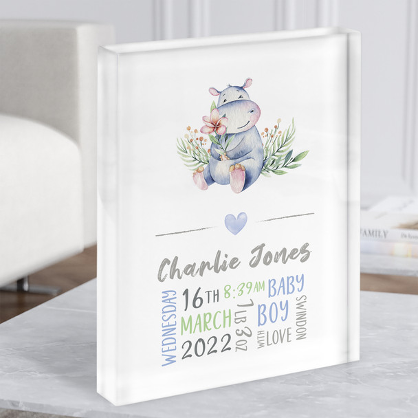 New Baby Birth Details Nursery Christening Cute Hippo Acrylic Block