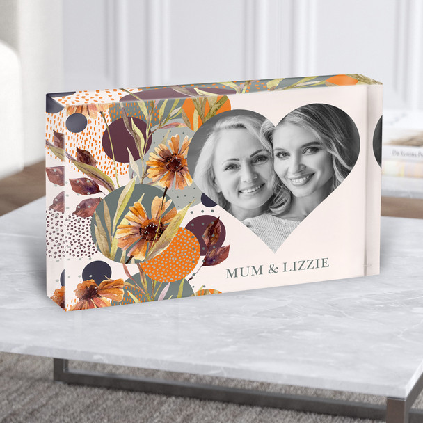 Retro Flowers Photo Heart Mum & Me Personalised Acrylic Block