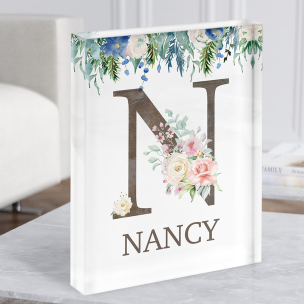 Floral Any Name Initial N Personalised Acrylic Block