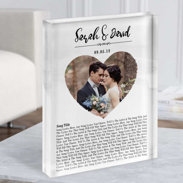 Heart Wedding Photo White Names Date Bottom Script Any Song Lyric Acrylic Block