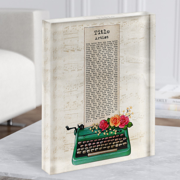 Green Floral Typewriter Vintage Chic Any Song Lyric Acrylic Block