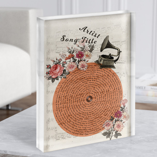 Floral Gramophone Vintage Record Any Song Lyric Acrylic Block