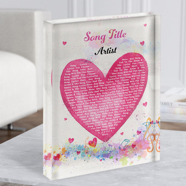 Pink Heart Colourful Music Notes Any Song Lyric Acrylic Block