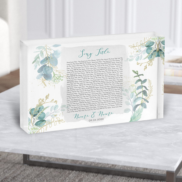 Green & Gold Watercolour Leaves Any Song Lyric Acrylic Block
