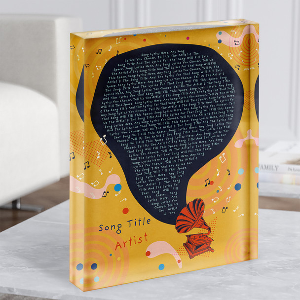 Yellow Retro Funky Gramophone Any Song Lyric Acrylic Block