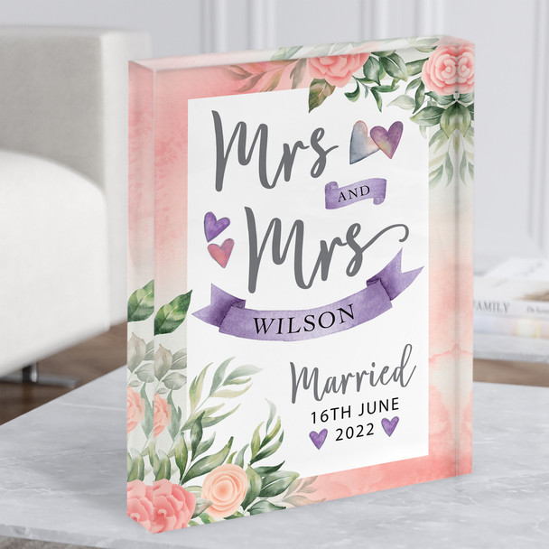 Mrs & Mrs Married Flower Banner Details Peach Personalised Gift Acrylic Block