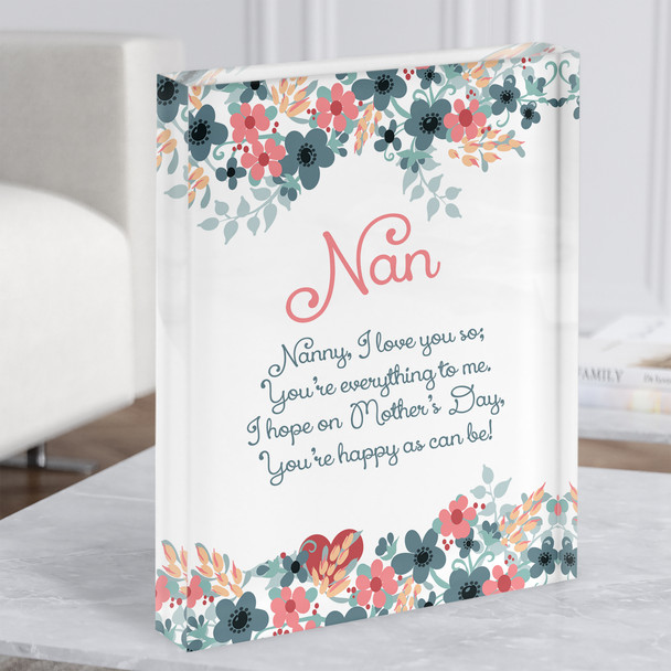 Nan Poem Pretty Pastel Flowers Personalised Gift Acrylic Block