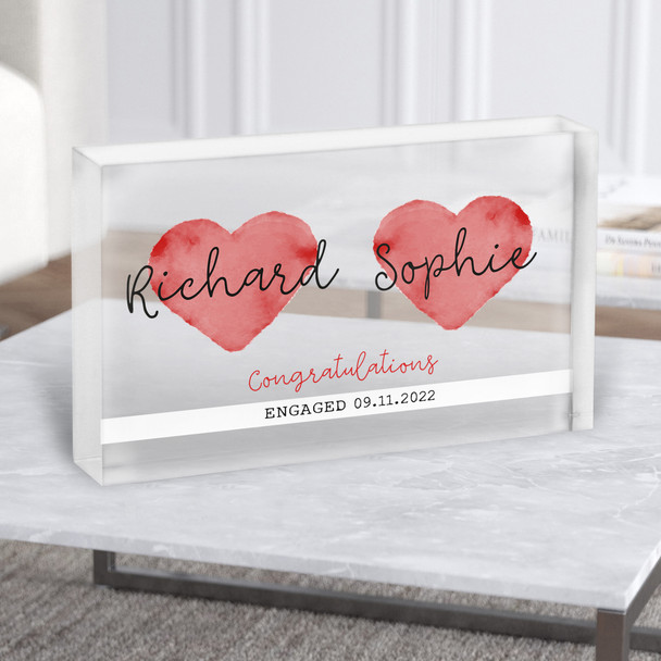 Engagement Congratulations 2 Hearts Names Personalised Gift Acrylic Block