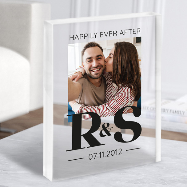 Happily Ever After Wedding Couple Photo Initials Personalised Gift Acrylic Block