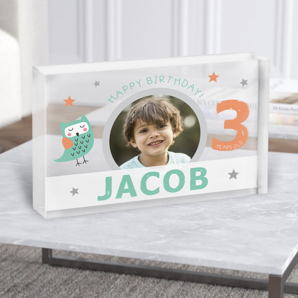 3rd Birthday Boy Cute Owl Photo Personalised Gift Acrylic Block 3rd Birthday Boy Cute Owl Photo Personalised Gift Acrylic Block