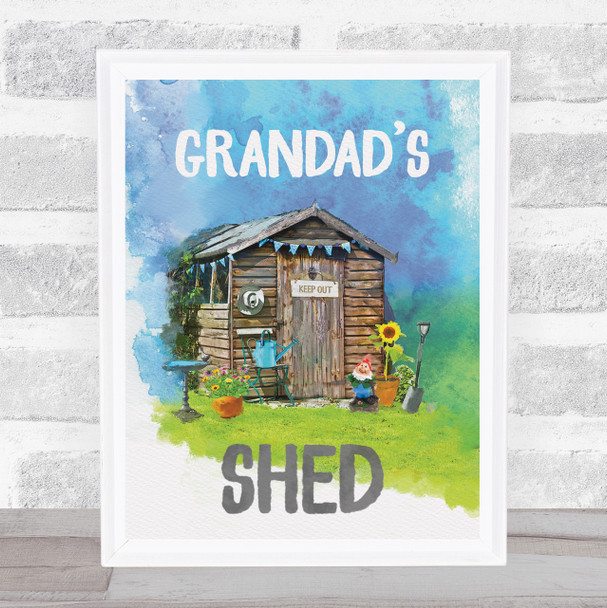 Grandad's Shed Scene Painted Blue Green Personalised Wall Art Gift Print