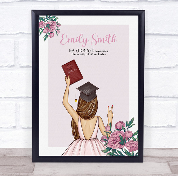 Pink Flowers Brown Hair Graduate Girl Graduation Congratulations Gift Print