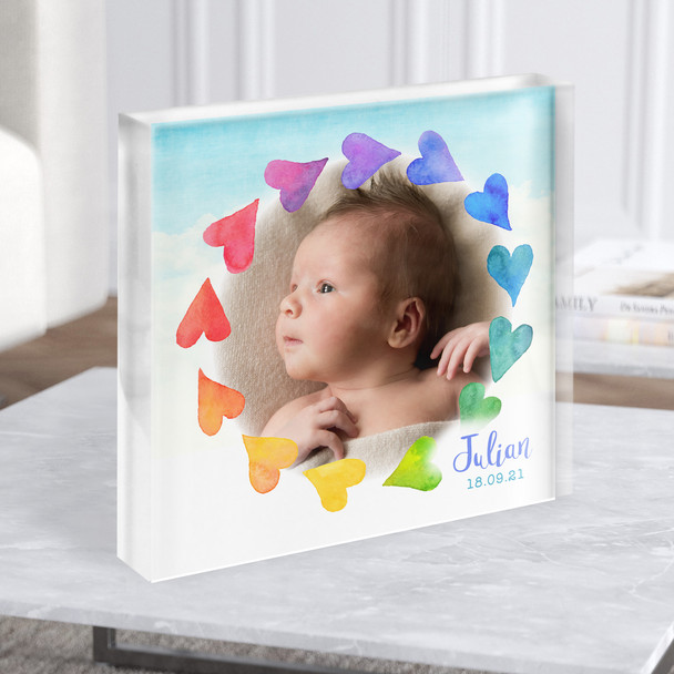 Birth Details Nursery New Baby Rainbow Hearts Square Photo Acrylic Block