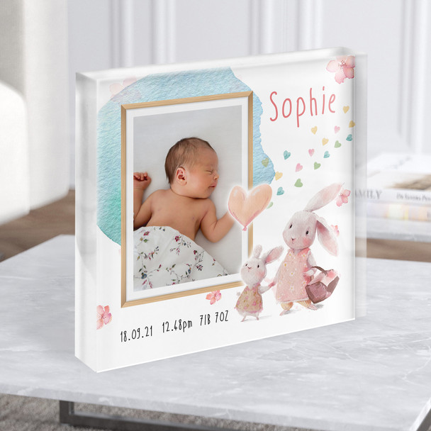 New Baby Birth Details Christening Nursery Square Photo Bunny Gift Acrylic Block
