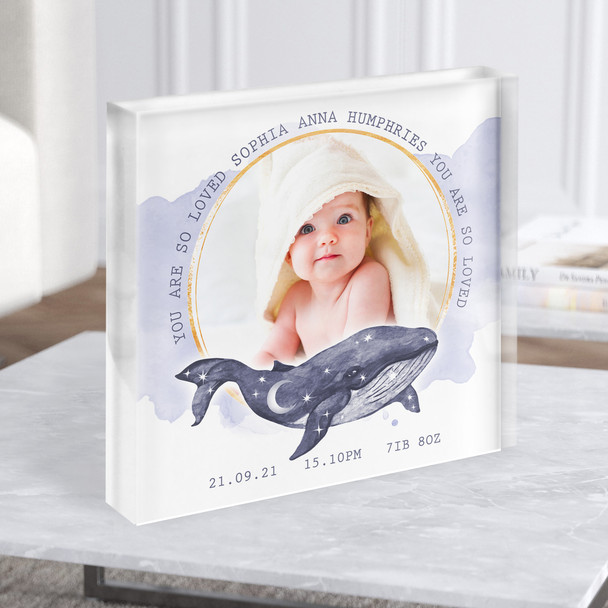 New Baby Birth Details Nursery Square Whale Photo Gift Acrylic Block