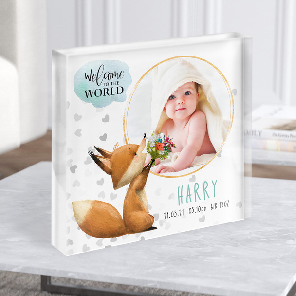 New Baby Birth Details Christening Nursery Square Fox Photo Gift Acrylic Block